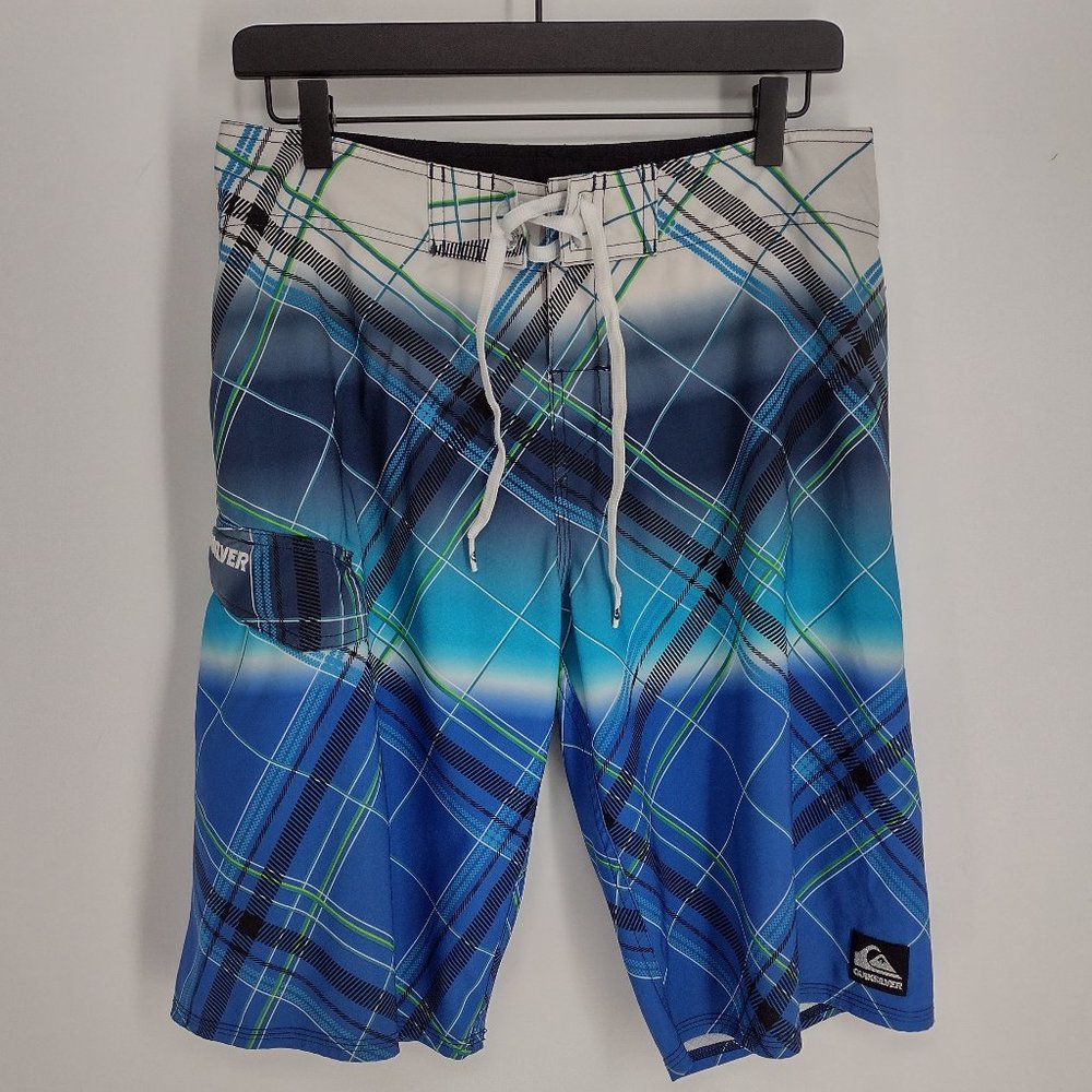 Quiksilver Cargo Side Pocket Blue White Black & Green Striped Surf Board Shorts